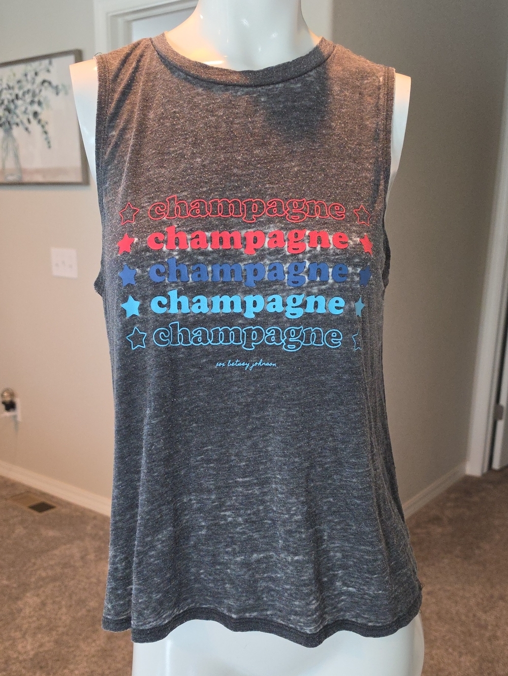 Betsey Johnson Gray Muscle Tee with Red, Blue and Light Blue Print